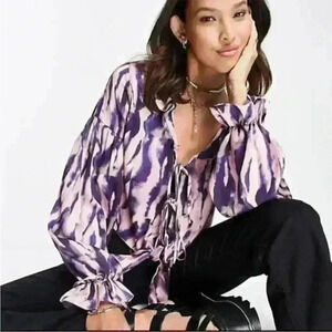 Topshop Tie Dye Ruffle Lightweight TieFront Peasant Sleeve Blouse Purple Sz6 NWT